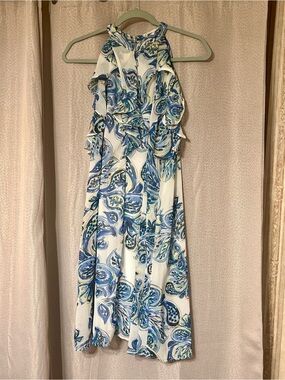 Spenser Jeremy White Halter Midi Dress with Blue Floral Print